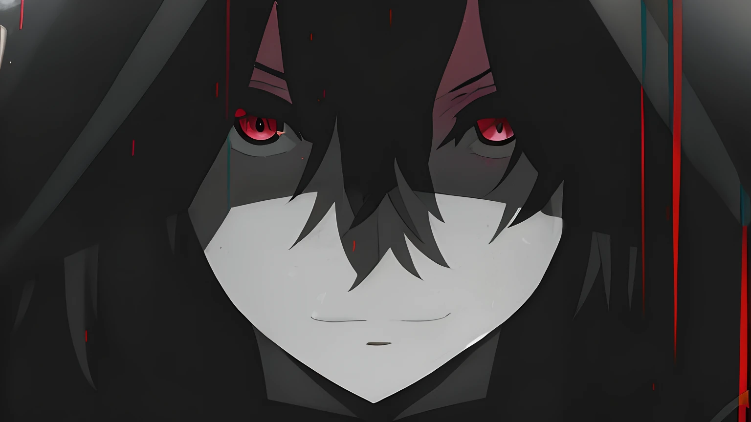 anime girl with black hair and red eyes staring at the camera, retrato gapmoe yandere grimdark, com olhos vermelhos brilhantes, ...