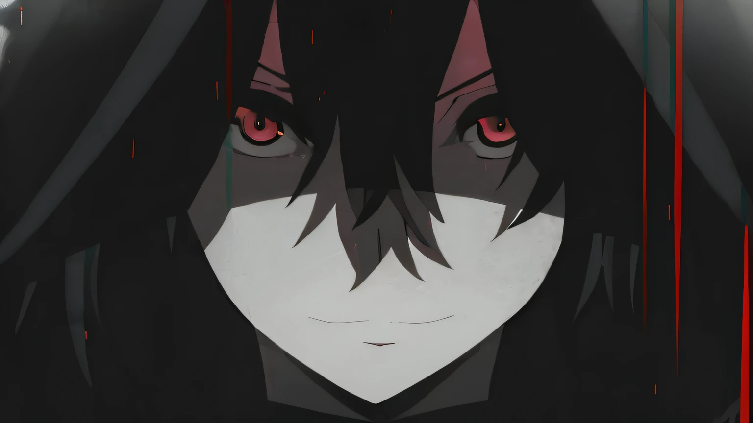 anime girl with black hair and red eyes staring at the camera, Retrato Gapmoe Yandere Grimdark, com olhos vermelhos brilhantes, Gapmoe Yandere Grimdark, Matoi Ryuko, olhos totalmente vermelhos sem pupilas, com olhos vermelhos brilhantes, Yandere, Gapmoe Ya...