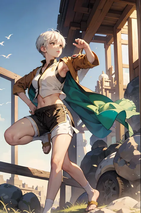 White hair, pixie cut, a brown skinned girl, machi pichu, traditional clothinging, vest, shorts, moccasins, martial arts, RPG monk class, adventurous, adorable, sspry, midriff, tomboy --auto