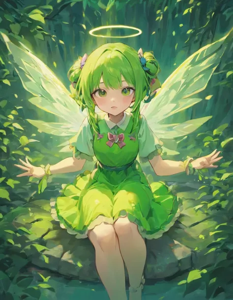 sit pose on rock, good anatomy, ultra detailed illustration of cute anime fairy girl, Oneesan, wearing small cute green dress, pigtails long hair, pink hair color, soft green fairy wing on back, MSchiffer, manga, anime, teenager, round figures, ink lines, ...