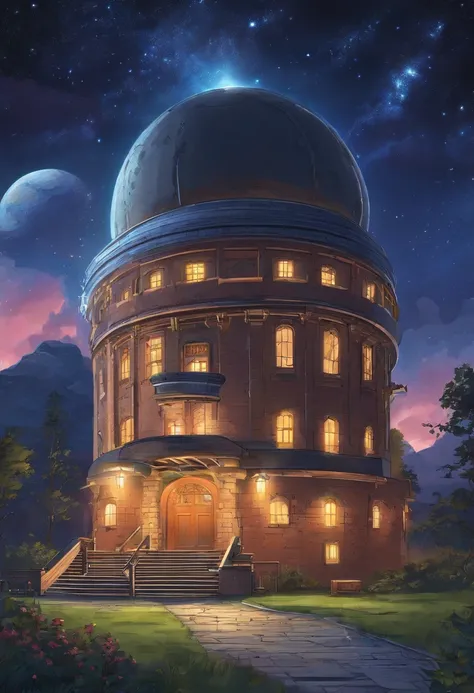 an award winning picture, RAW, Photograph magazine quality, photorealism, picture of a planetarium at night, you see the (planetarium: 1.5) and the epic sized (telescope: 1.3), many windows, some windows, are lit, the building stands on a grassy hill, the ...