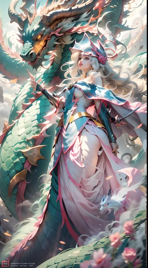 The Chinese White Divine Dragon rose into the air，（Dark Mage manipulates the dragon：1.3），（La chica maga oscura se pone de pie：1.3），pose de batalla. Lanzando echizos 1.4 Las nubes del cielo rodean los alrededores，magia de luz，fantastic background，Significad...