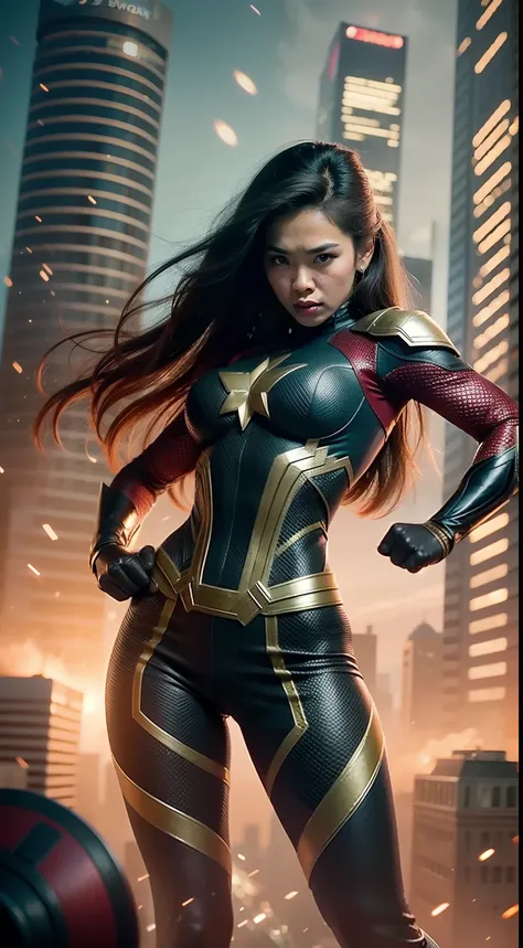 Create an action-packed superhero scene with the Malay woman dressed as a powerful character from the Avengers, using her superpowers to save the day in a dynamic cityscape