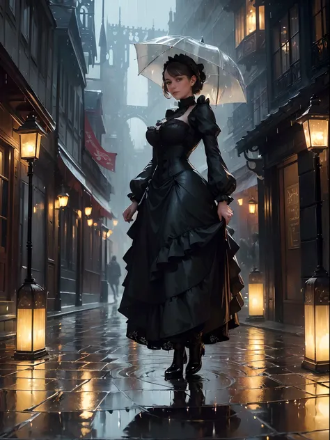 [ (Victorian era:1.28) ::5 ], (festive atmosphere:1.26), (masterpiece, high resolution:1.3), (rain-soaked woman:1.25), (gas-lit street:1.24), (elegant gown:1.2), (umbrella:1.18), (cobblestone streets:1.22), (glowing lanterns:1.23), (reflection on wet pavem...