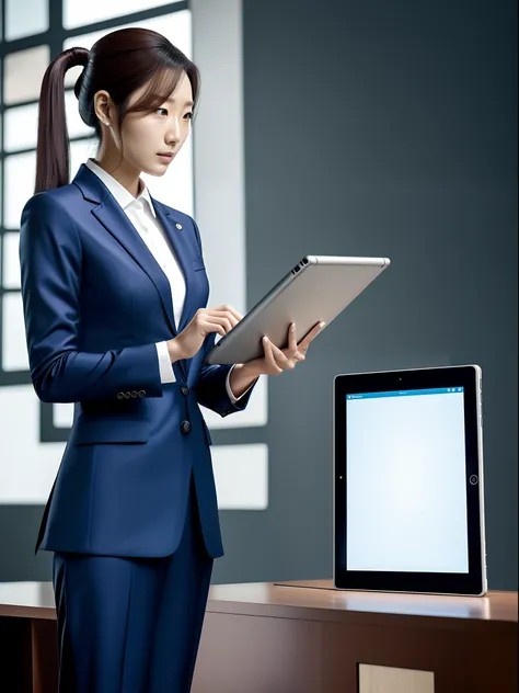 woman in a suit using a tablet computer in a room, working, sun yunjoo, still from a live action movie, park shin hye as a super villain, full device, using a magical tablet, iu lee ji-eun as a super villain, profile pose, [ realistic photo ]!!, shin min j...