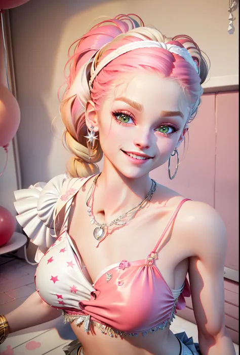 ((On top a lumionous platform)) is a beautiful ((smiling)  girl  long with plaited Sliver  twin ponytail  crystal earrings, bangless, pink and white  leather ruffle skirt, attached to a straps going across her belly up to her strappes bikini top, straps at...