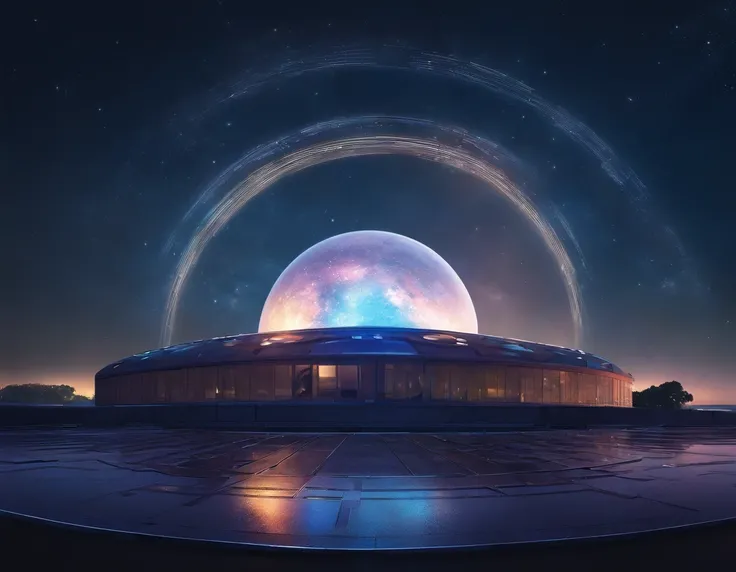 an award winning picture, RAW, Photograph magazine quality, photorealism, picture of a planetarium at night, you see the (planetarium: 1.5) and the epic sized (telescope: 1.3), many windows, some windows, are lit, the building stands on a grassy hill, the ...