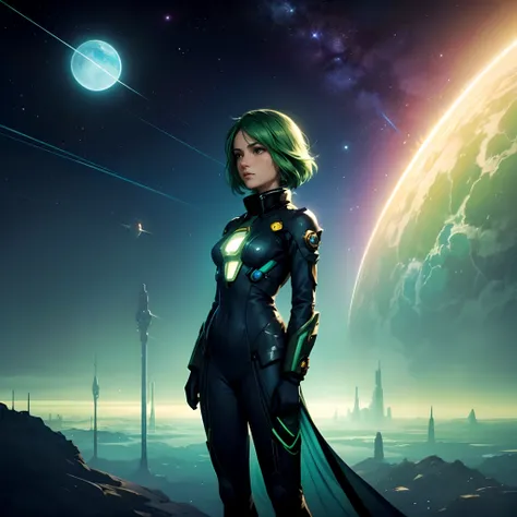 a green hair, cute female, blue astrosuit, awe-inspiring celestial scenes, distant star systems, ethereal nebulae, grandeur of the universe, surreal landscape, digital, cinematic, sci-fi, by Dean Ellis and Federico Pelat, Mysterious