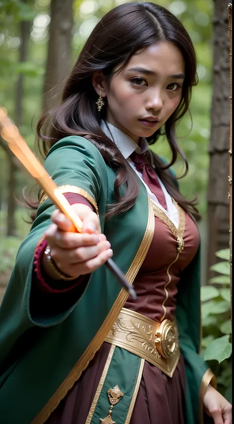 Capture the enchantment of the Wizarding World as the Malay woman dons a Hogwarts-inspired outfit, wielding a wand in a magical forest, reminiscent of scenes from the Harry Potter series