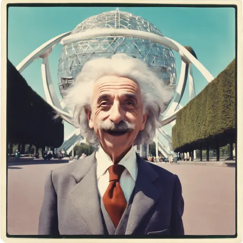 Einstein, taking a selfie in front of Atomium in Brussels, funny, smiling, polaroid