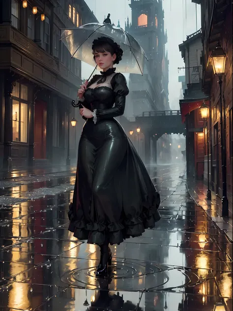 [ (Victorian era:1.28) ::5 ], (festive atmosphere:1.26), (masterpiece, high resolution:1.3), (rain-soaked woman:1.25), (gas-lit street:1.24), (elegant gown:1.2), (umbrella:1.18), (cobblestone streets:1.22), (glowing lanterns:1.23), (reflection on wet pavem...