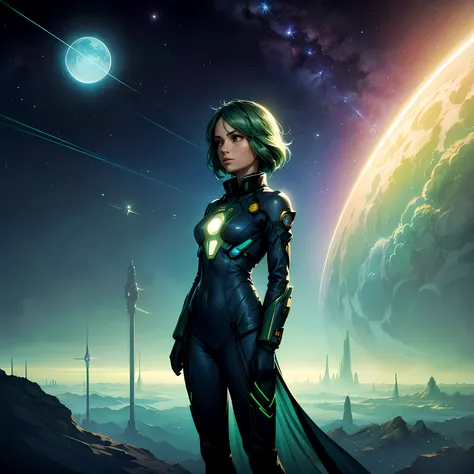 a green hair, cute female, blue astrosuit, awe-inspiring celestial scenes, distant star systems, ethereal nebulae, grandeur of the universe, surreal landscape, digital, cinematic, sci-fi, by Dean Ellis and Federico Pelat, Mysterious