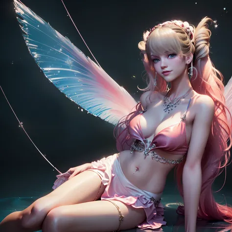 ((On top a lumionous platform)) is a beautiful ((smiling)  girl  long with plaited Sliver  twin ponytail  crystal earrings, bangless, pink and white  leather ruffle skirt, attached to a straps going across her belly up to her strappes bikini top, straps at...