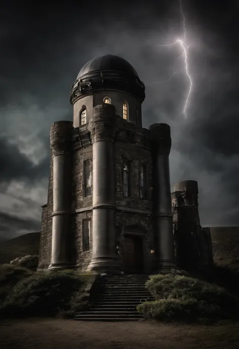 an award winning picture, RAW, Photograph magazine quality, photorealism, picture of a goth castle that a massive planetarium telescope comes out one of its towers, at night, you see the goth castle and (planetariums telescope: 1.5) an epic sized (telescop...