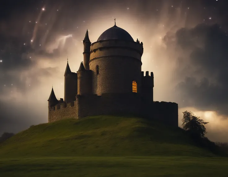 an award winning picture, RAW, Photograph magazine quality, photorealism, picture of a goth castle that a massive planetarium telescope comes out one of its towers, at night, you see the goth castle and (planetariums telescope: 1.5) an epic sized (telescop...