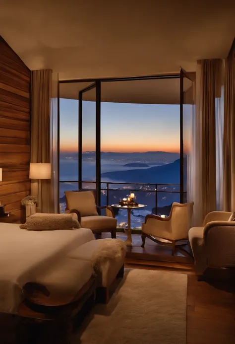 Crie uma cena de relaxamento em um quarto de hotel de madeira no inverno, com uma atmosfera luxuosa e aconchegante. Imagine um quarto aquecido por uma lareira, elegantemente decorado, with a king-size bed and a stunning view of the winter landscape with sn...