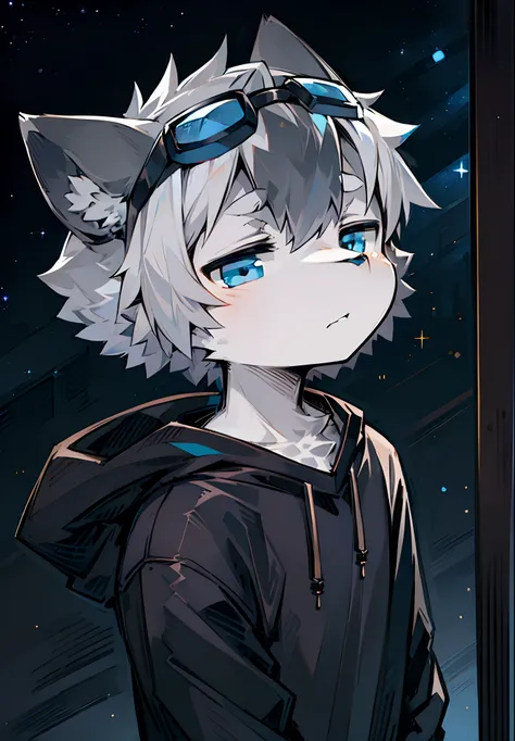 Beast too，Light gray hair，sideface，head portrait，Dark blue-gray fur，Deep dark black blue eyes，Melancholy Look，Grey design sweatshirt，Background of dark starry sky，big headed，fica sozinha，Shota，The bangs are dyed dark black gray，Black ears，