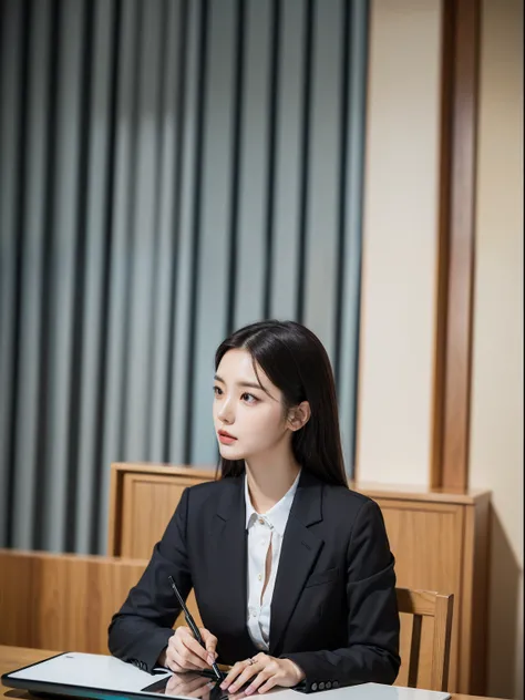 woman in a suit using a tablet computer in a room, working, sun yunjoo, still from a live action movie, park shin hye as a super villain, full device, using a magical tablet, iu lee ji-eun as a super villain, profile pose, [ realistic photo ]!!, shin min j...