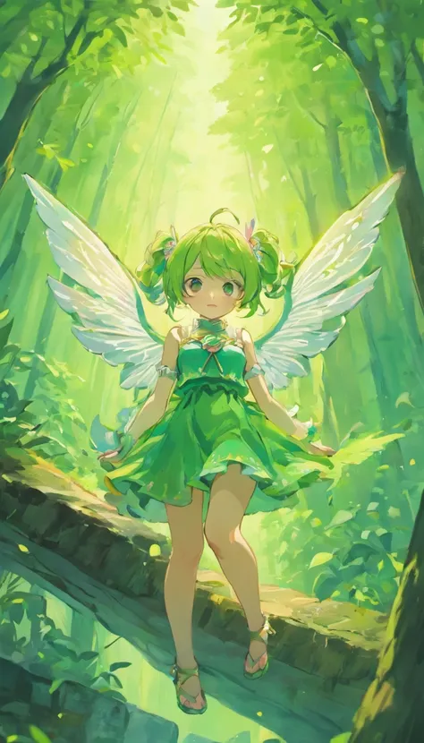 sit pose on rock, good anatomy, ultra detailed illustration of cute anime fairy girl, Oneesan, wearing small cute green dress, pigtails long hair, pink hair color, soft green fairy wing on back, MSchiffer, manga, anime, teenager, round figures, ink lines, ...