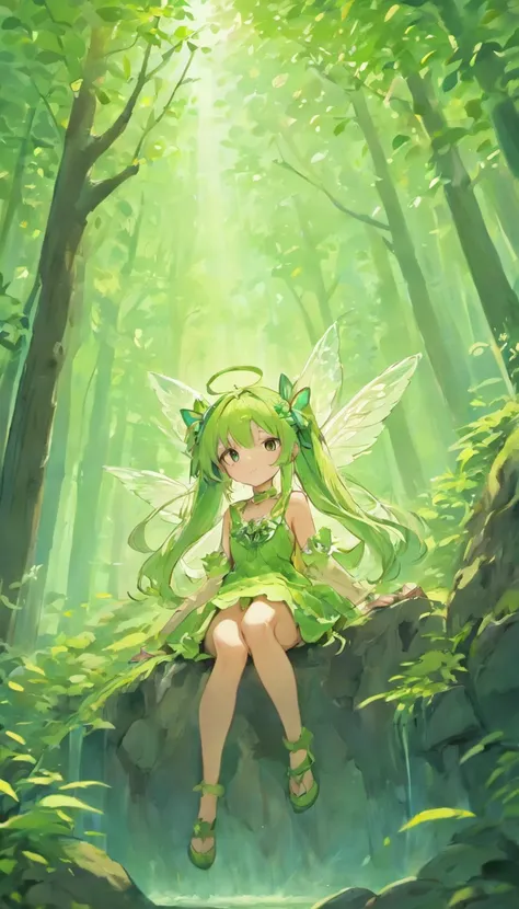 sit pose on rock, good anatomy, ultra detailed illustration of cute anime fairy girl, Oneesan, wearing small cute green dress, pigtails long hair, pink hair color, soft green fairy wing on back, MSchiffer, manga, anime, teenager, round figures, ink lines, ...