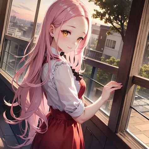 Long pink hair, yellow eyes, beautiful mature girl, cherry small mouth, lively and cute, sunset, red dress, (((FOREHEAD WITH NO BANGS))