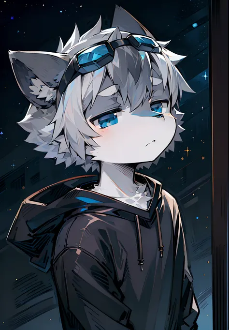 Beast too，Light gray hair，sideface，head portrait，Dark blue-gray fur，Deep black blue eyes，Melancholy Look，Grey design sweatshirt，Background of dark starry sky，big headed，fica sozinha，Shota，The bangs are dyed dark black gray，Black ears，