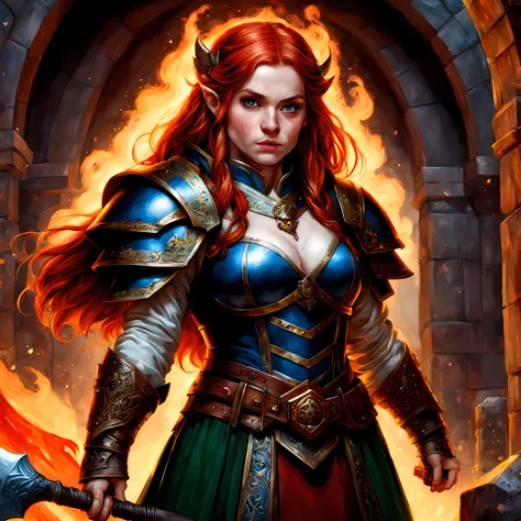 high details, best quality, 8k, [ultra detailed], masterpiece, best quality, (extremely detailed), dynamic angle, ultra wide shot, photorealistic, fantasy art, dnd art, rpg art, realistic art, an ultra wide picture of female dwarf cleric, holding axe with ...