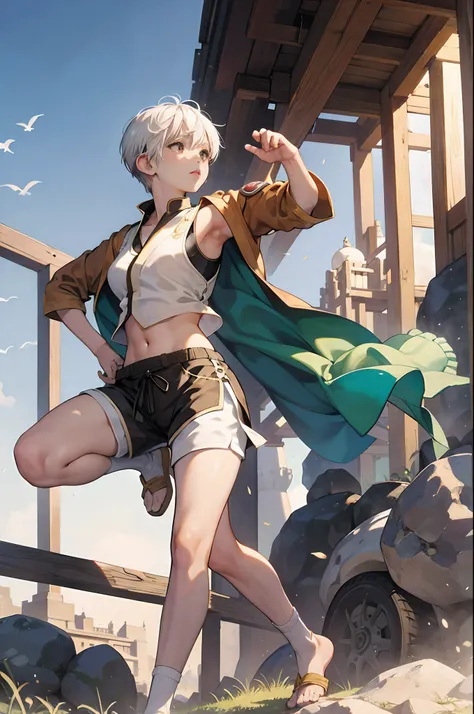 White hair, pixie cut, a brown skinned girl, machi pichu, traditional clothinging, vest, shorts, moccasins, martial arts, RPG monk class, adventurous, adorable, sspry, midriff, tomboy --auto