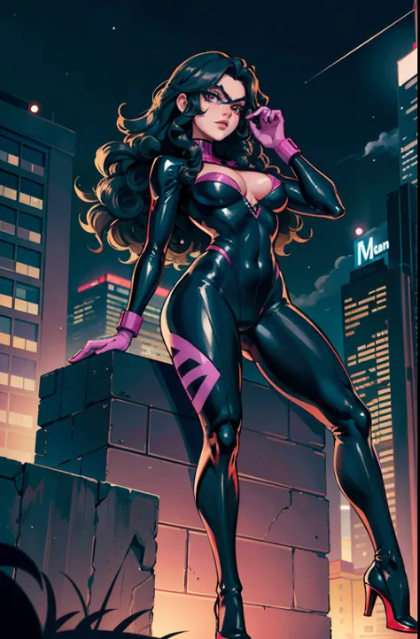 (masterpiece),(best quality:1.0), (ultra high resolution:1.0), detailed illustration, 8k, White girl (with black hair) (really curly hair) (free hair) wearing a black spiderman suit, Black leather jacket , Black facemask, Pink goggles, She is on the roof o...