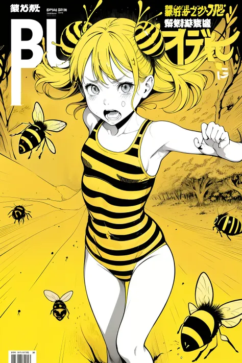 (superflat, flat shading, flat colors:1.1),(magazine cover), illustrations, manga, 1girl, loli, petite, yellow black striped swimsuit, (attacked by bees), running away, scare, screaming, emotional, dynamic pose, forest in background, volumetric lighting, s...