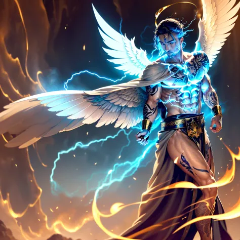 An image like a tattoo, a winged angel, a man dressed in a linen robe, and his loins were girded with a golden Ufas belt. His body was like topaz, his face shone like lightning, his eyes were like burning torches, his arms and legs shone like polished bras...