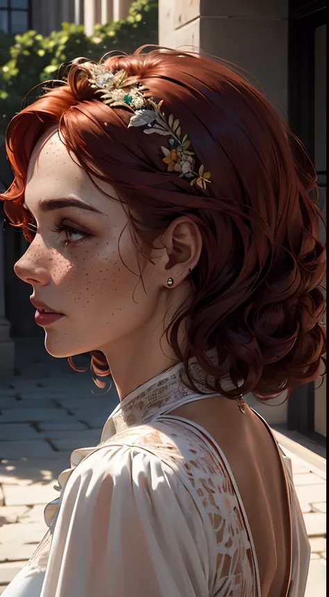 (Detailed face features:1.3), (((1mature woman))), standing wearing a long dress, (close-up perfil photo, face picture), (left side view:1.5), dynamic pose, face photo, 16k, masterpiece, best quality: 1.2), (high detailed skin), (curly red hair), ((freckle...