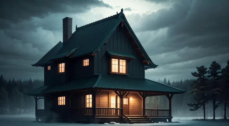 house in a night forest with cloudy weather