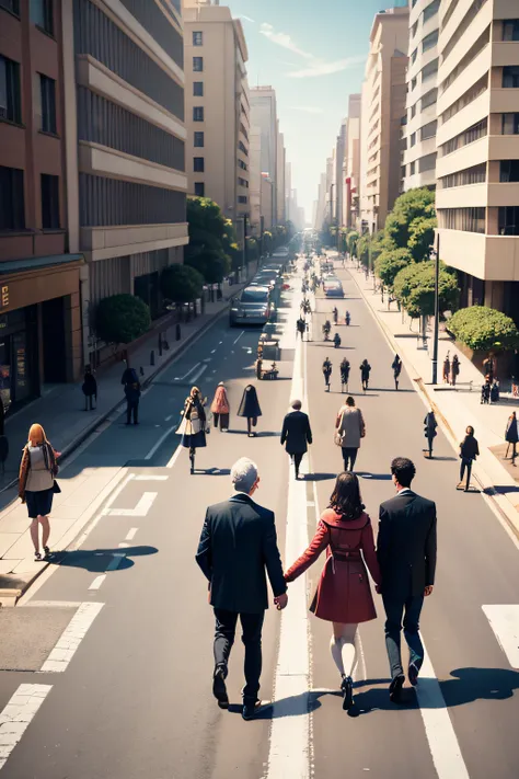 an avenue with people crossing each other