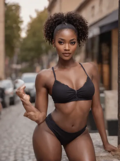 ((Dark African skin, Very deep ebony skin)), ((Its beauty is undeniable)), ((cute excited face)), ((Hyper detailed perfect eyes,)), ((pose mignonne)), ((Langue sortie)), ((attirant )), sexy, (( Tight knit shirt, shorts courts sexy)), ((Afro curly African h...