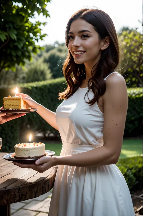 A midsummer celebration in a vibrant garden setting. Our central figure is a lady in her mid-thirties with chestnut hair, an affable smile, and expressive eyes::10. Shes holding a birthday cake glistening with candles::10. She looks each year wiser and mom...