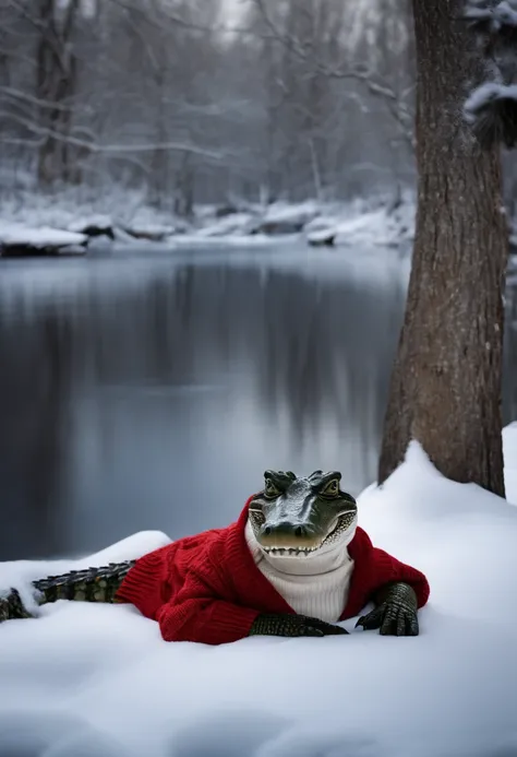 Alligator lying in sweaters, river, trees, snow