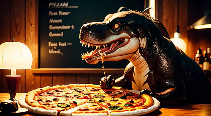 TYRANNOSAURUS REX EATING A PIZZA IN A BEAUTIFUL, LIT AND WELL BUZZY PIZZARIA