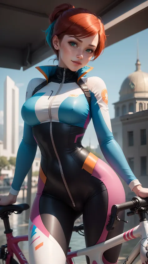 gwen tennyson,1girl,tracer,d.va,rebecca chambers,overwatch,gundam,close up,mecha pilot,mountain view,orange and rose plugsuit,hair pin,pirate corset,white long sleeve lycra top,white leggings,short hair,cute makeup,green eyes,orange and blue hair,shy smile...