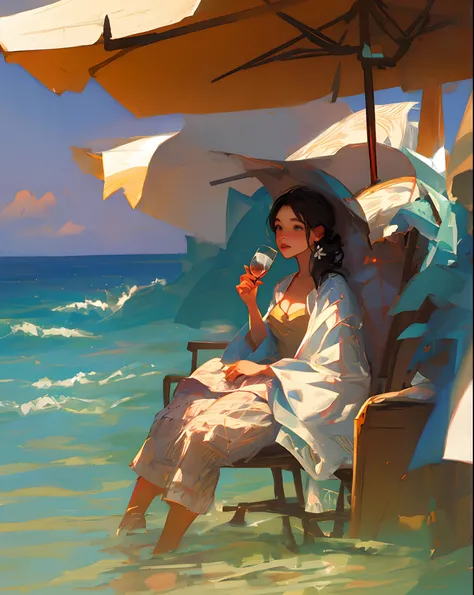 Beautiful girl drinking wine on the beach