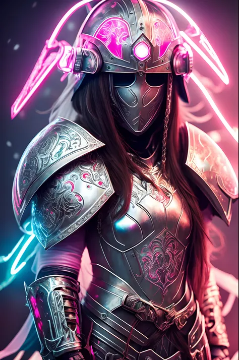 Girl in metal knightly armor and a cyberpunk helmet, pink long hair, white cloak, glowing neon, Mixing styles, higly detailed, Realistic full-length photo