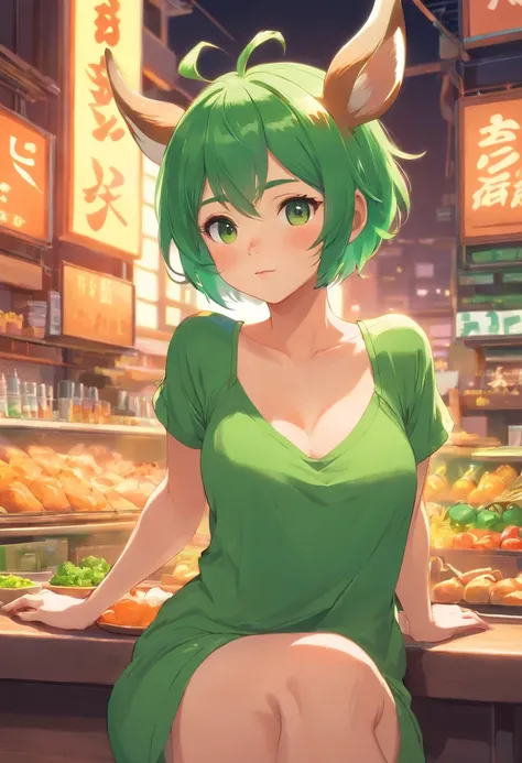 beautiful deer girl with short pixie green hair and curvy body type, chubby, , nsfw