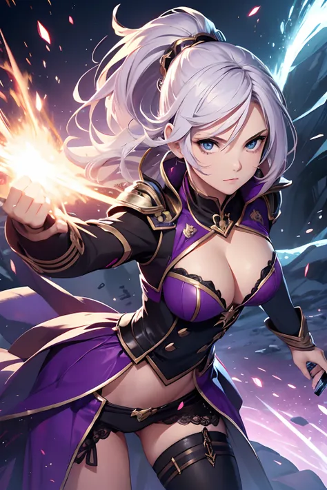 personagem feminina de jogo de batalha estilo magia, decote grande, sexi, fighting position, With magic weapon in hand