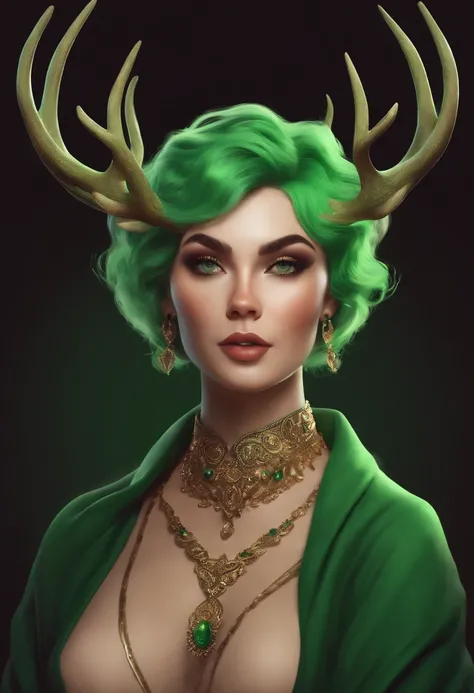 beautiful deer girl with short pixie green hair and curvy body type, chubby, , nsfw