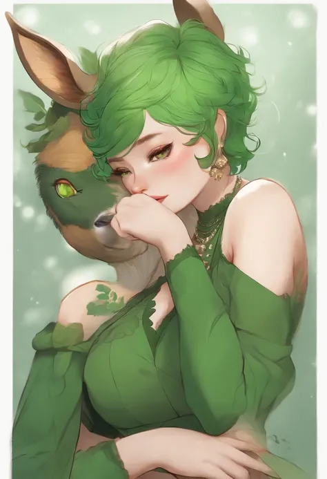 beautiful deer girl with short pixie green hair and curvy body type, chubby, , nsfw