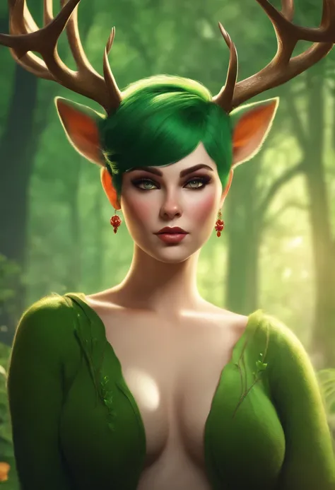 beautiful deer girl with short pixie green hair and curvy body type, chubby, , nsfw