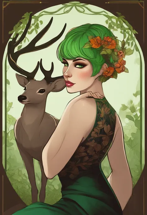 beautiful deer girl with short pixie green hair and curvy body type, chubby, , nsfw