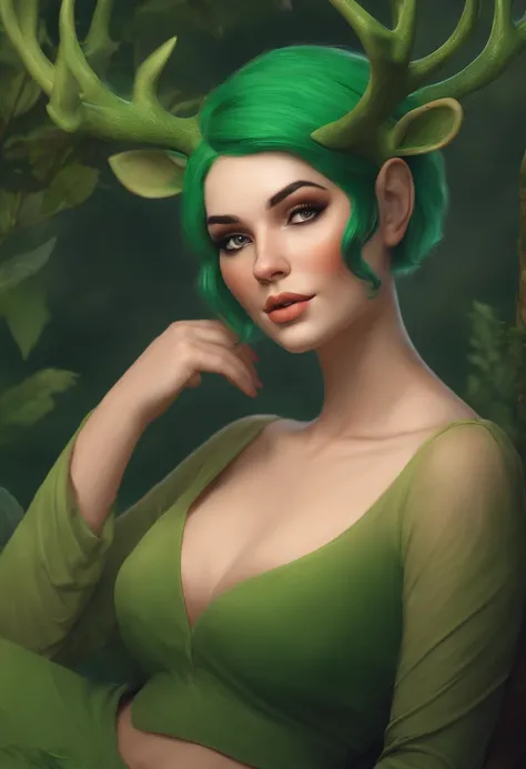 beautiful deer girl with short pixie green hair and curvy body type, chubby, , nsfw