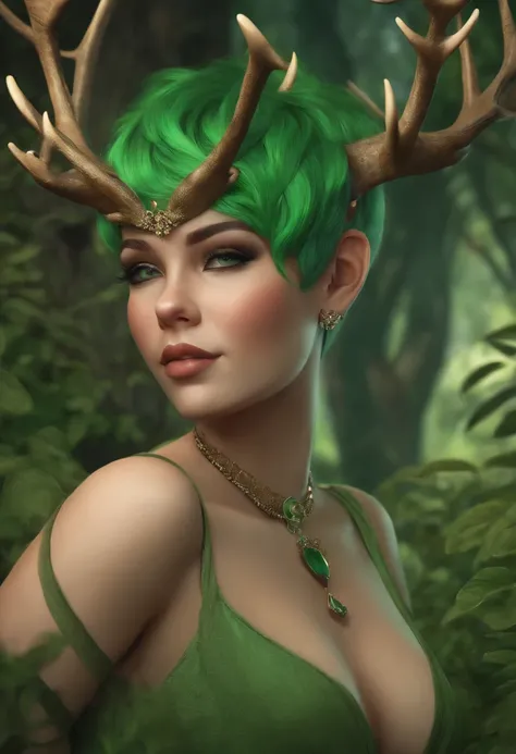 beautiful deer girl with short pixie green hair and curvy body type, chubby, , nsfw