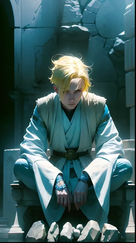 A young guy with yellow hair, shining blue eyes,Blue Light on face, sitting on Ancient stone chair, White clothes, A God, Sharp gaze, Cinematic lighting, Amazing, best quality, realistic, extremely detailed, 8k resolution